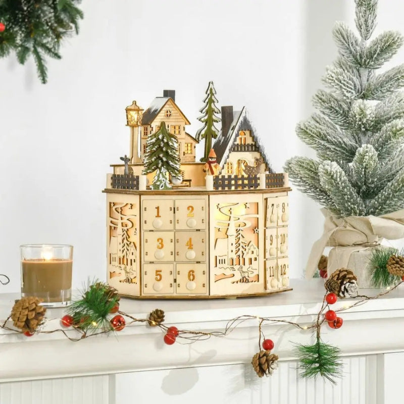 Calendrier de l’Avent en bois représentant un village avec lumières LED