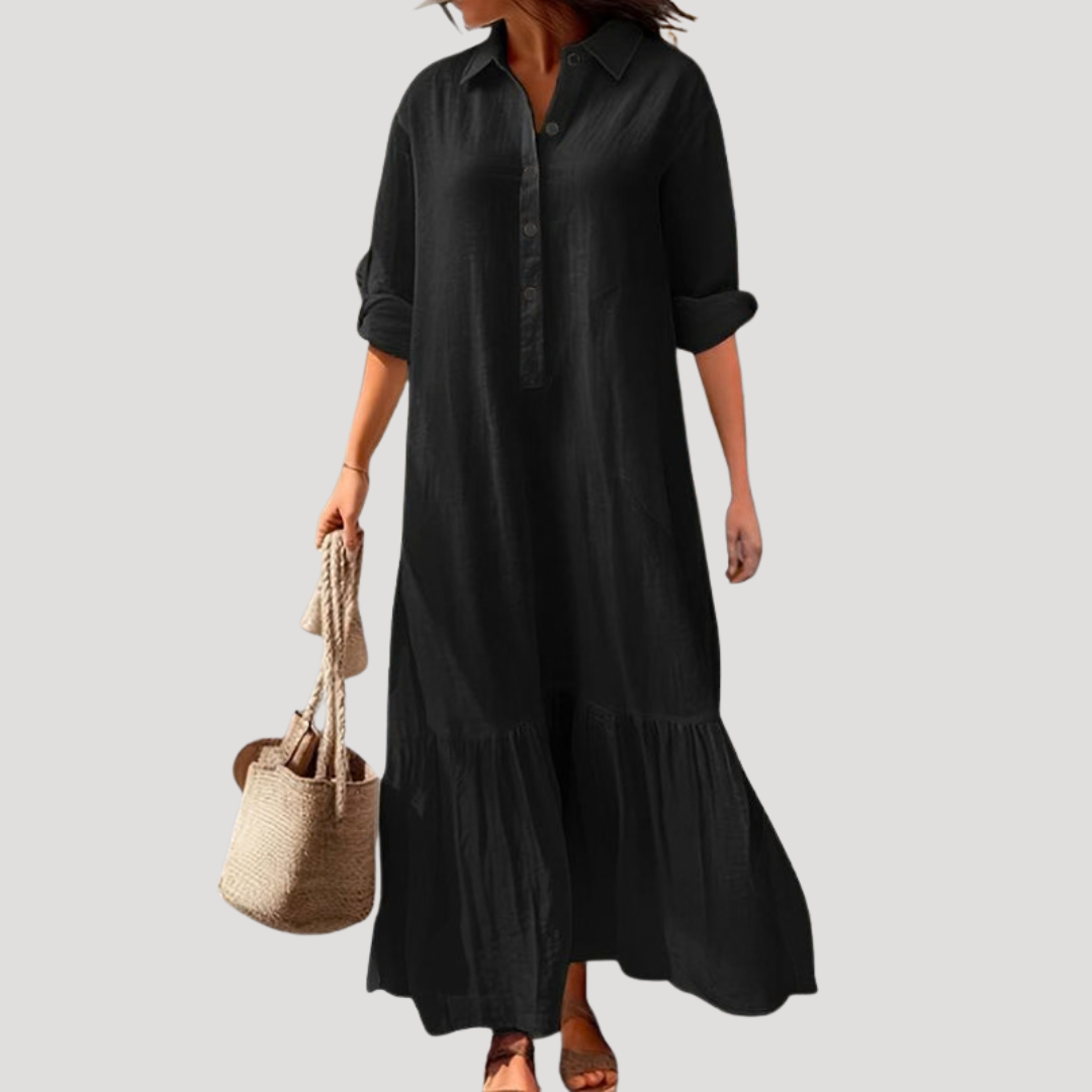 Cotton Shirt Dress with Tiered Hem and Button Front
