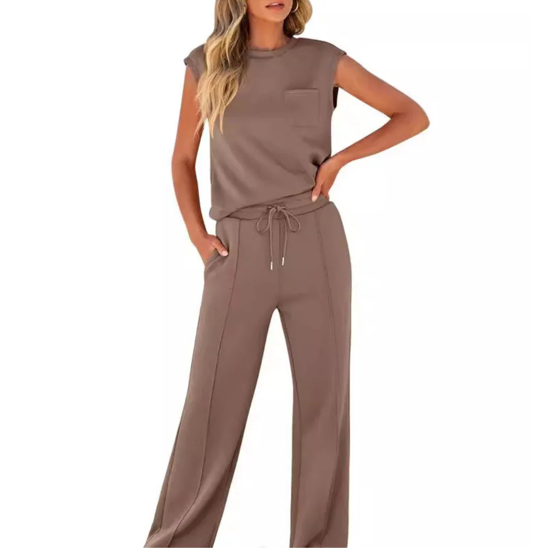 Women's Cap Sleeve Top and Drawstring Wide Leg Set