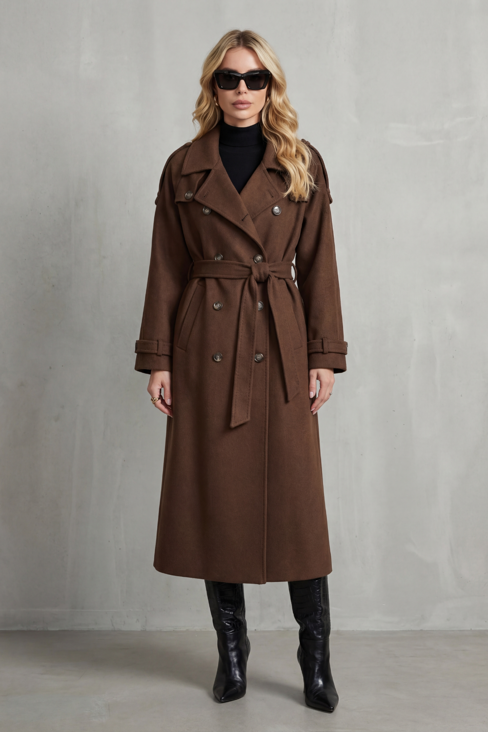 Trench-coat long pour femme, croisé à double boutonnage et ceinturé