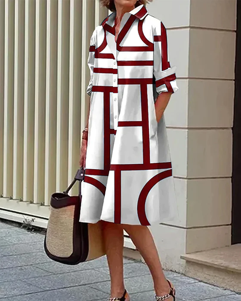 Geometric Print Shirt Dress with Button Front