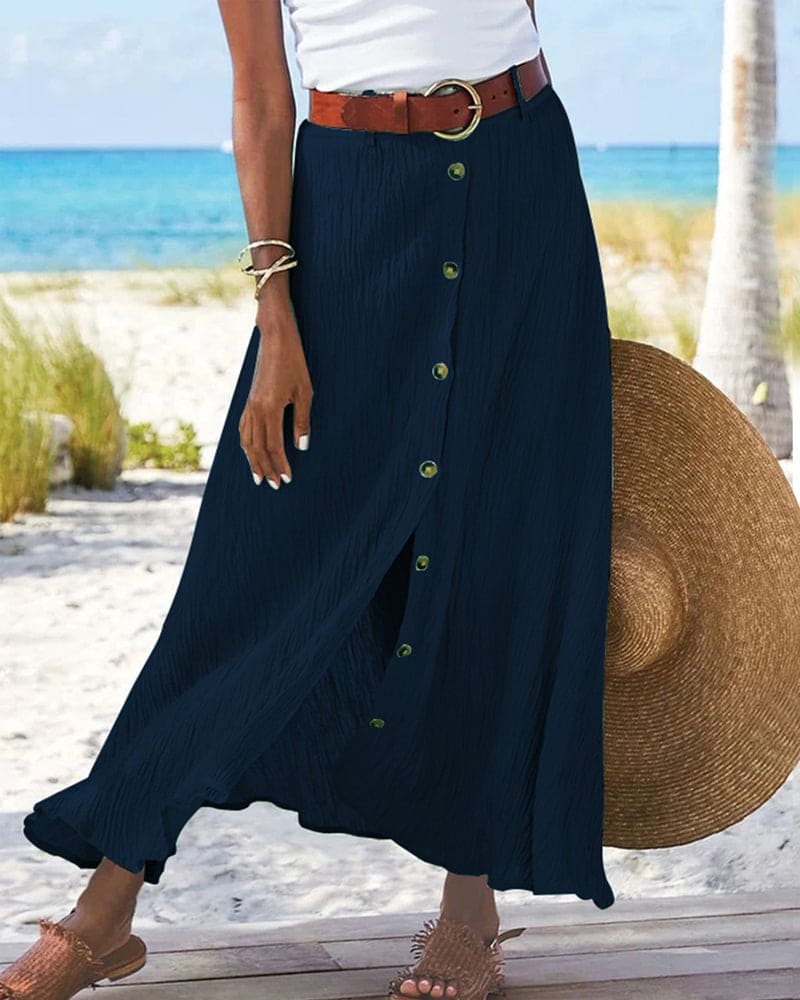 Linen Maxi Skirt with Button Front and Belted Waist