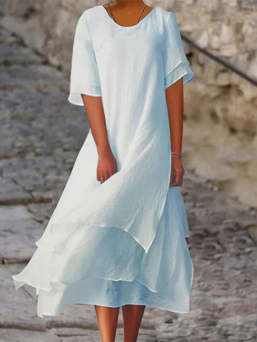 Loose Midi Dress with Tiered Ruffle Hem
