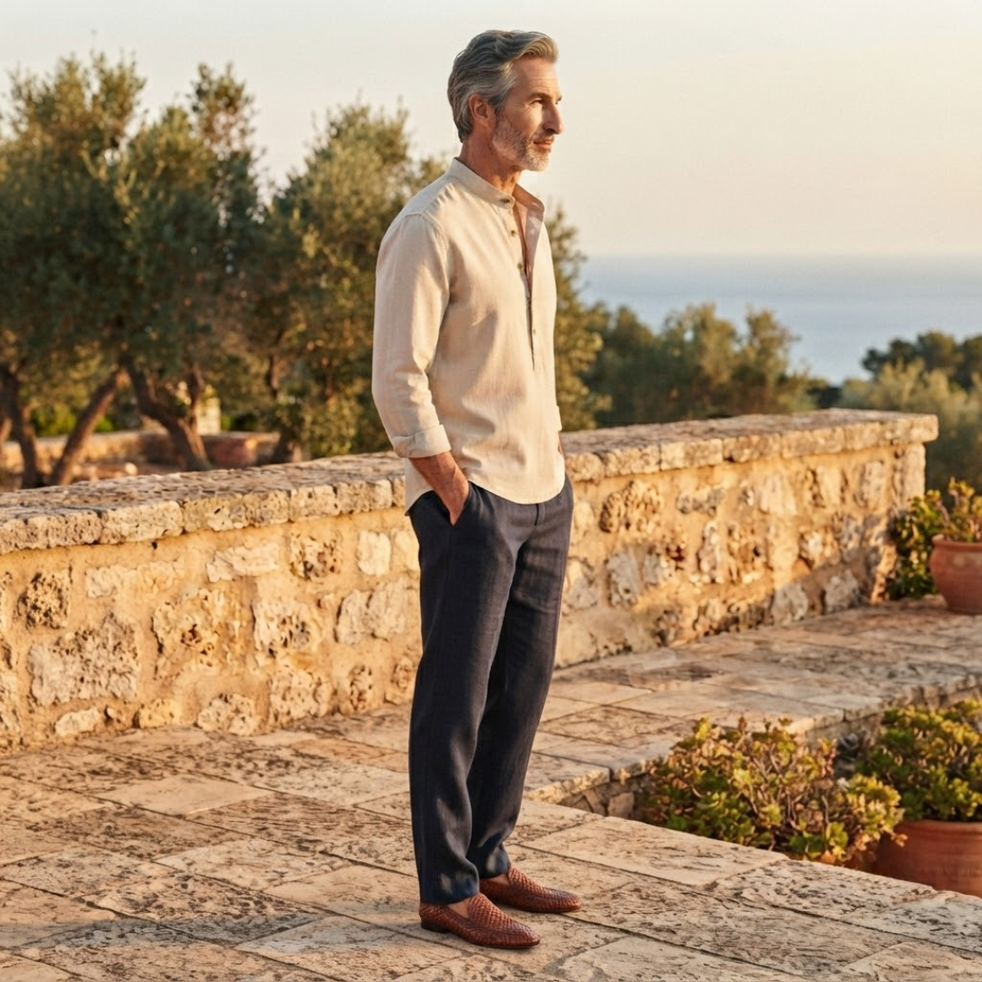 Men's Grandad Collar Linen Shirt with Button Placket