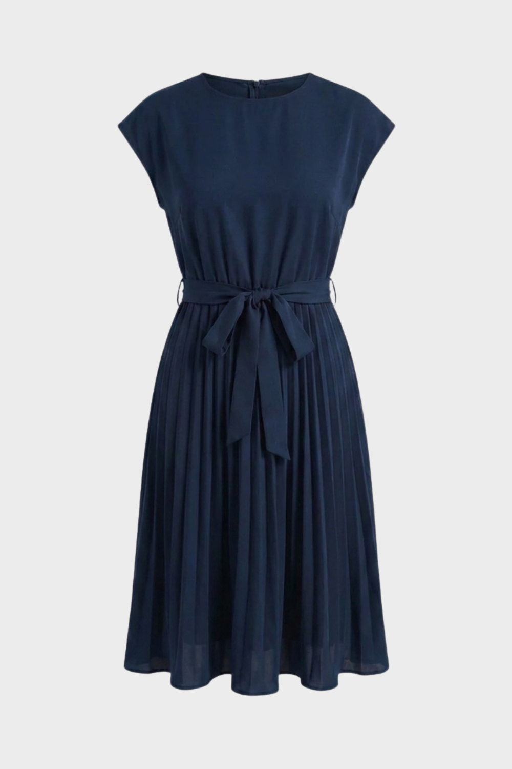 Pleated Midi Dress with Cap Sleeves and Tie Waist