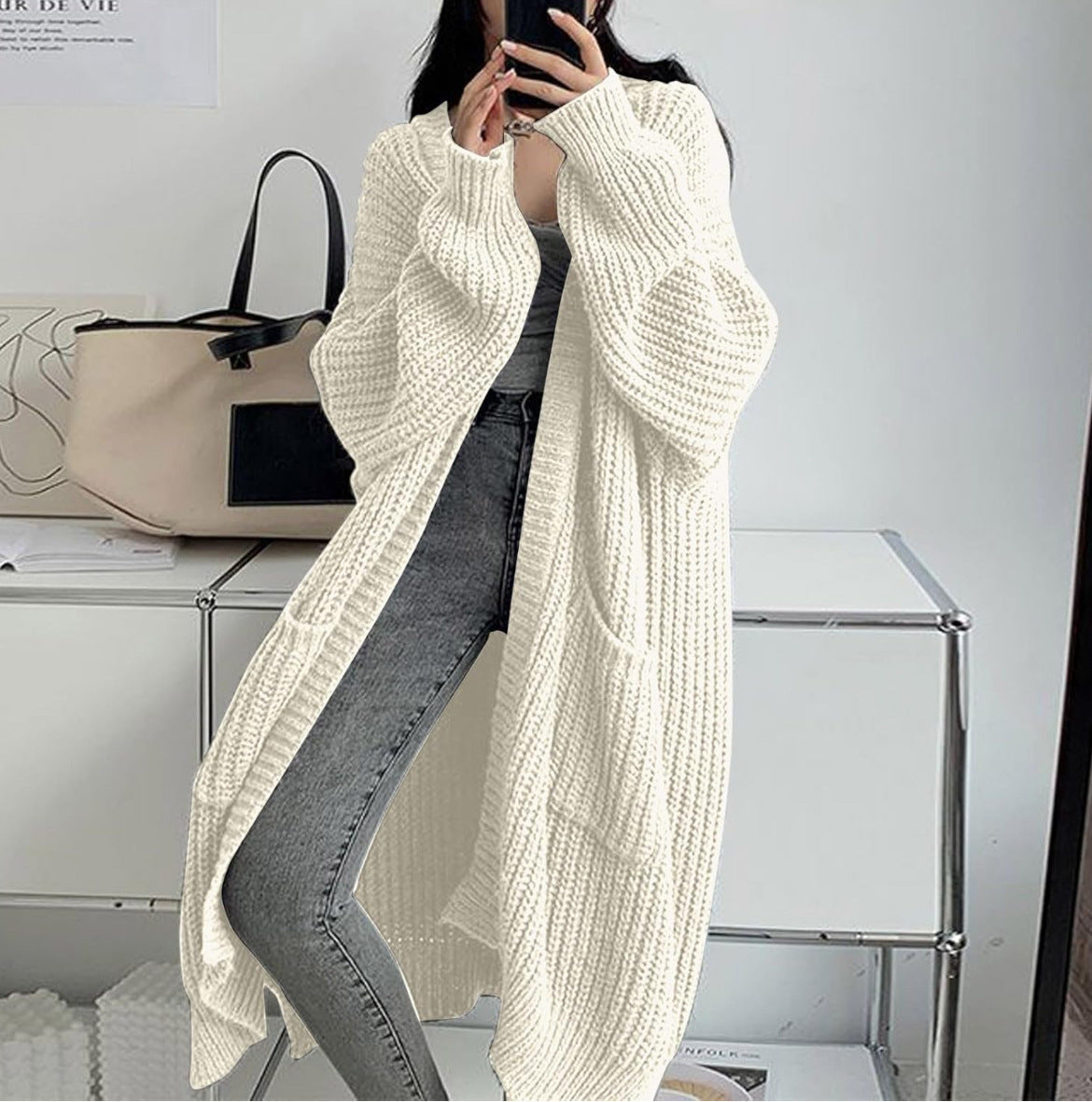 Women's Long Chunky Knit Open-Front Cardigan with Pockets