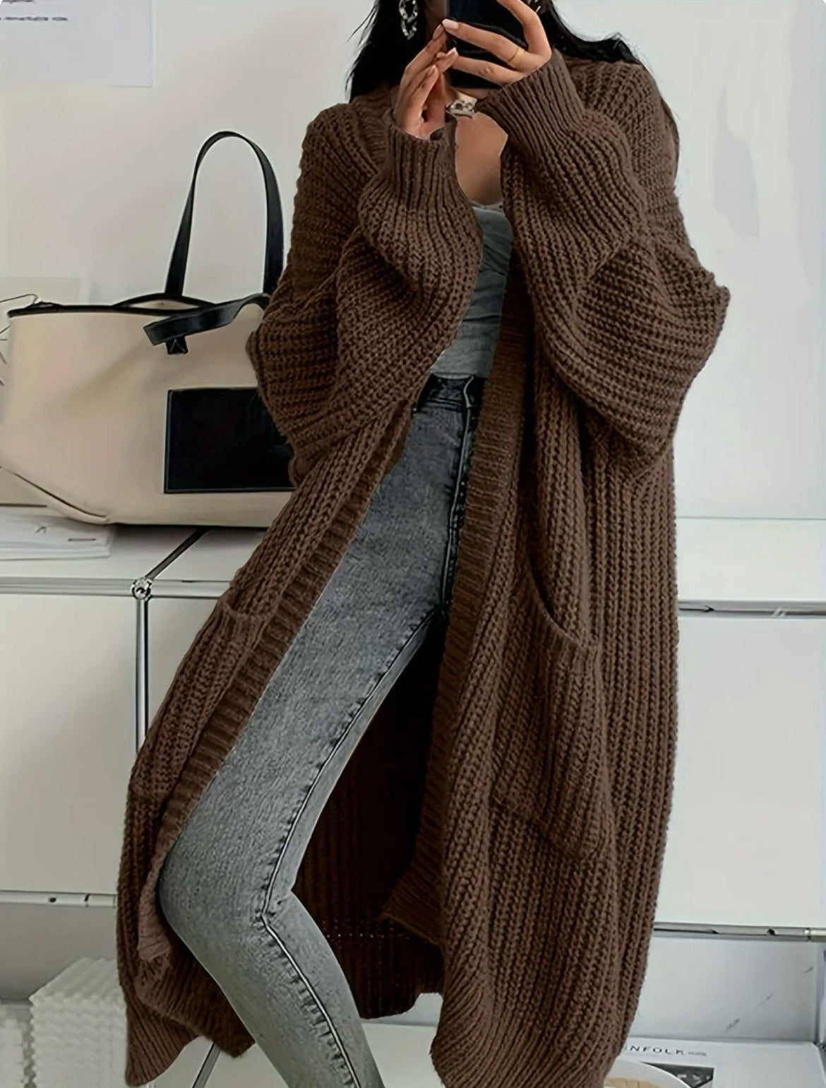 Women's Long Chunky Knit Open-Front Cardigan with Pockets