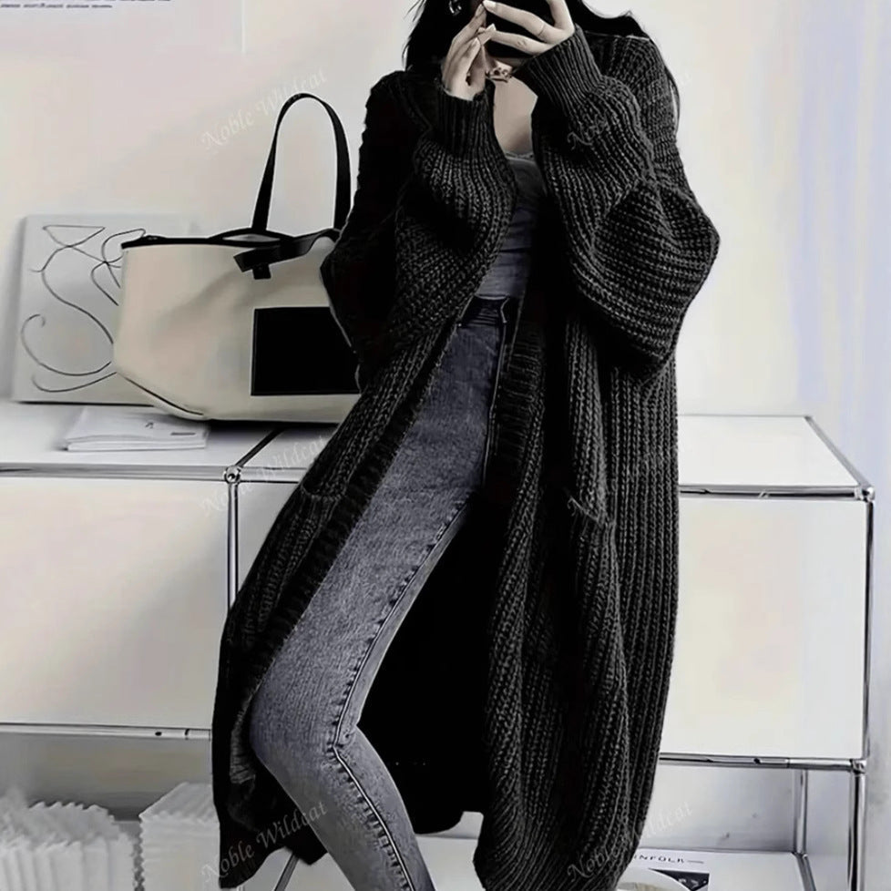 Women's Long Chunky Knit Open-Front Cardigan with Pockets