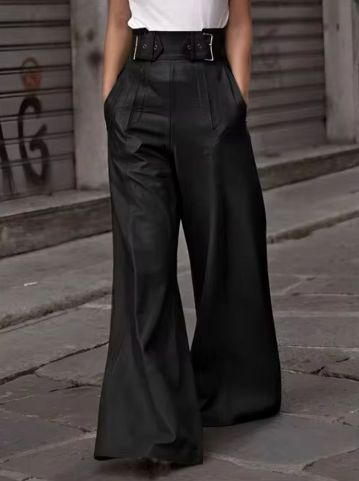 Pantalon femme taille haute en similicuir à jambes larges