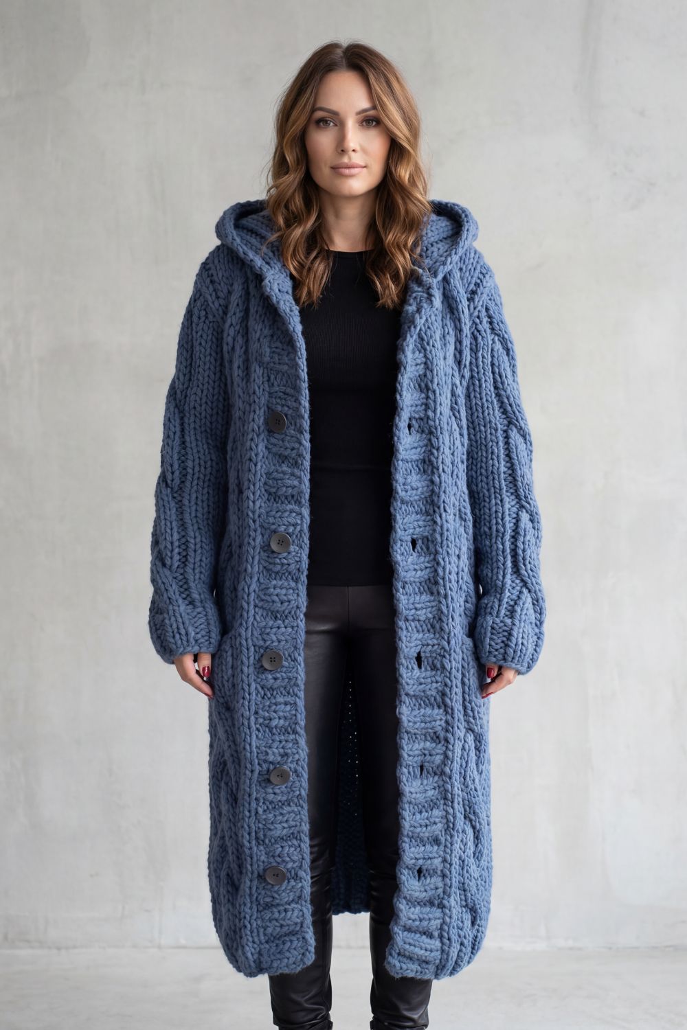 Gilet à capuche long pour femme, en maille épaisse