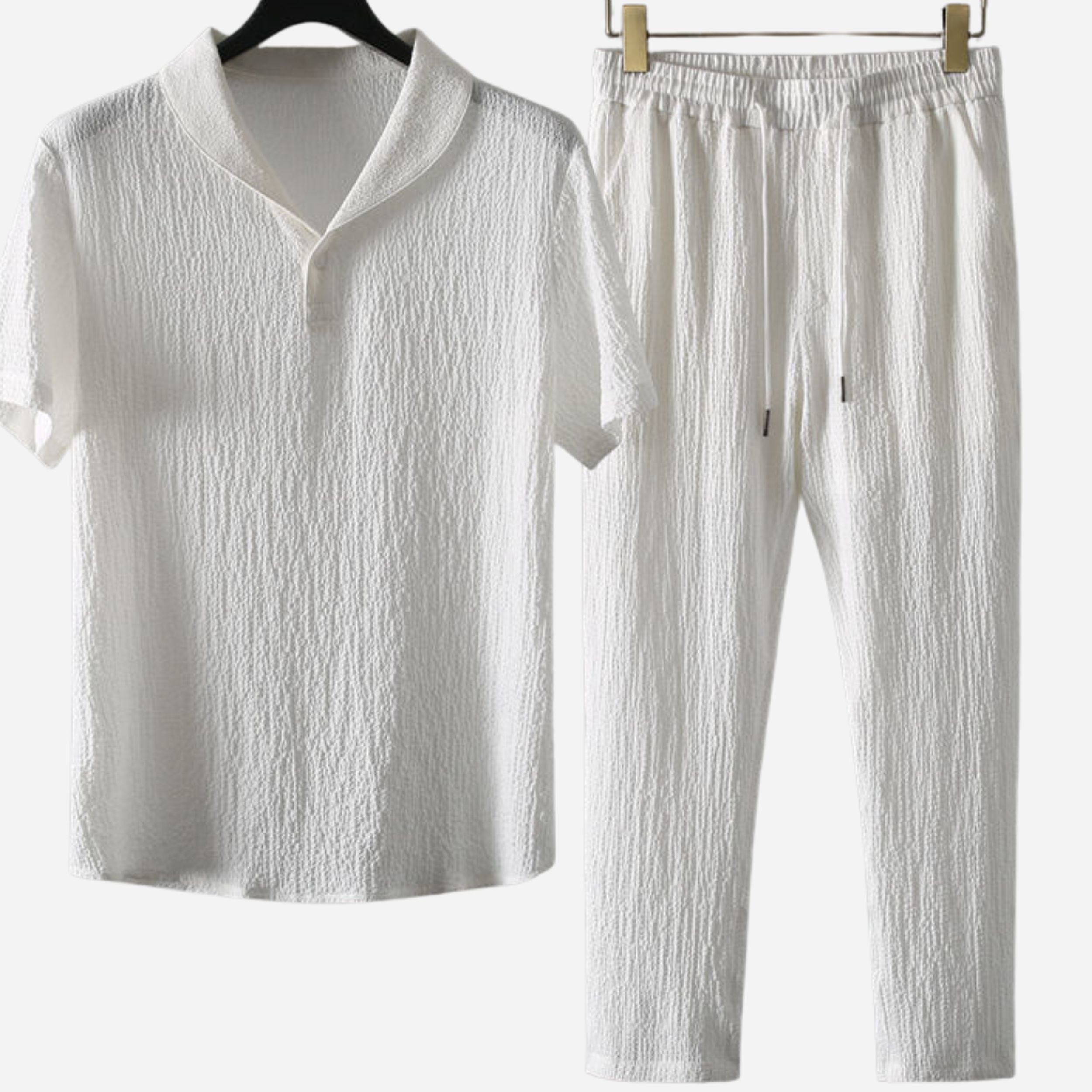 Textured Lounge Set with Camp Collar and Drawstring Waist
