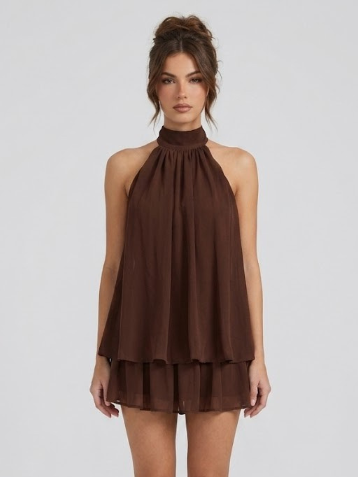 Halter Neck Chiffon Mini Dress with Tiered Hem