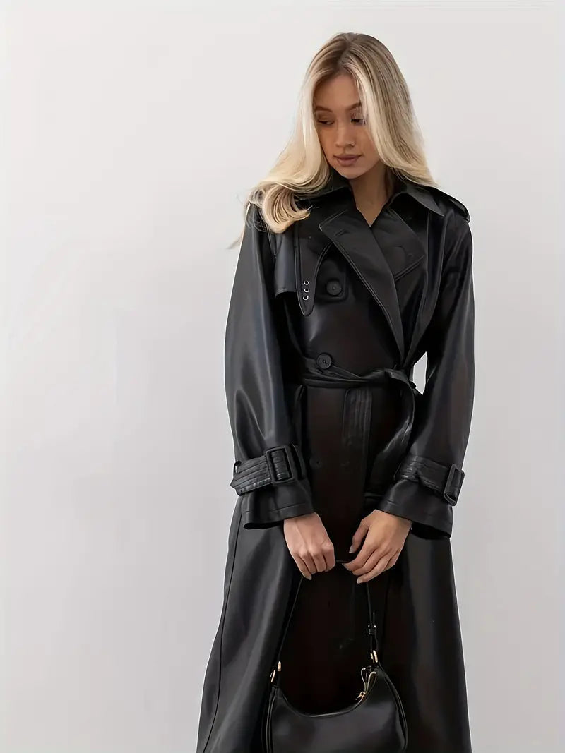 Trench-coat en similicuir pour femme avec ceinture