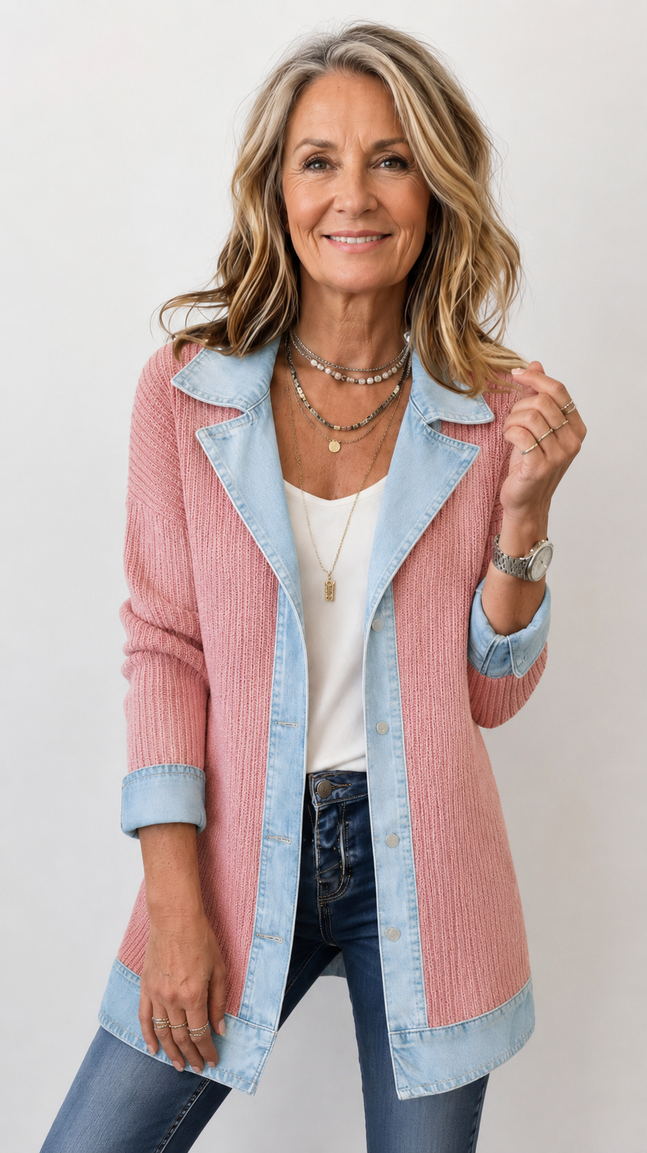 Gilet long en maille côtelée avec finitions en denim pour femme