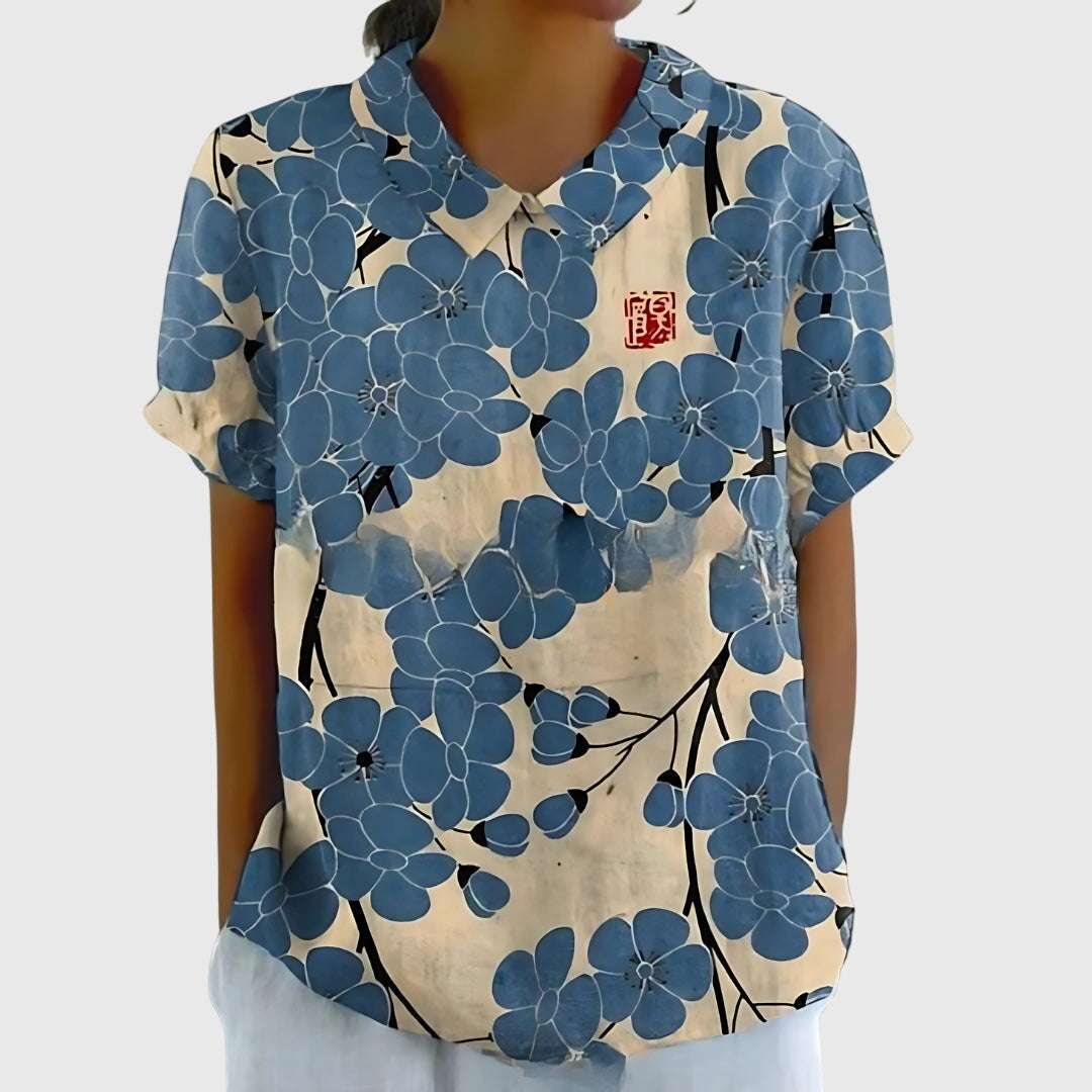 Floral Print Blouse with Collar and Short Sleeves