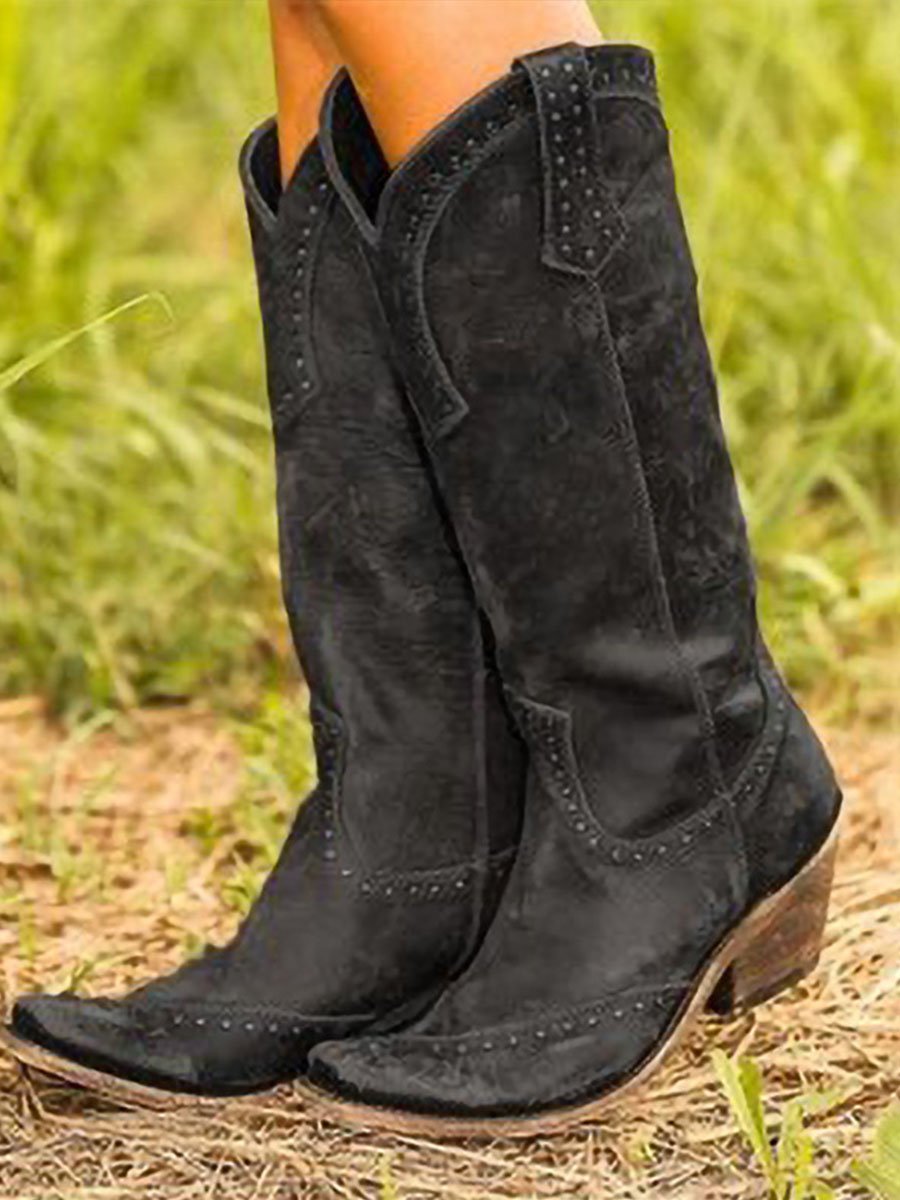 Bottes de cowboy montant jusqu'au genou pour femme | Bottes western en daim cloutées