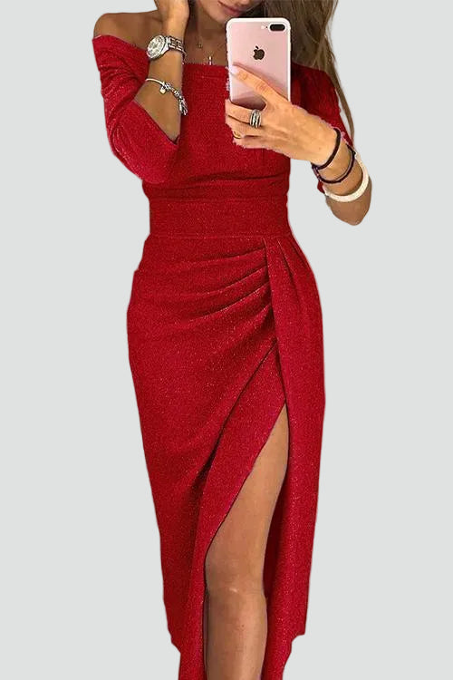 Off-Shoulder Midi Dress with Wrap Skirt and Side Slit