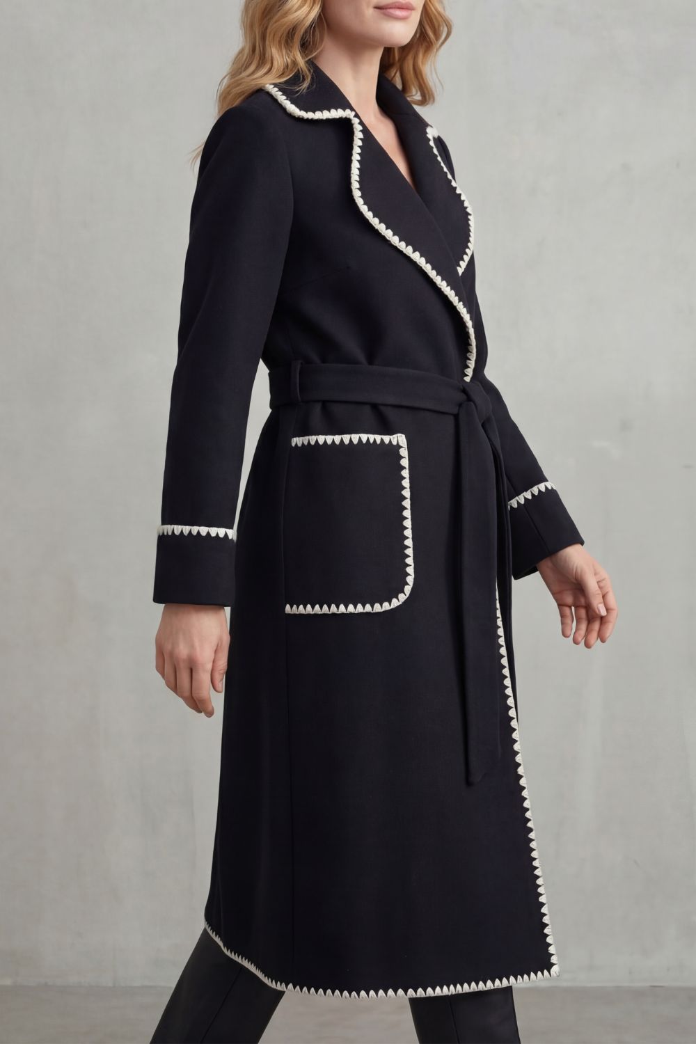 Women’s Belted Longline Coat with Contrast Stitch Trim