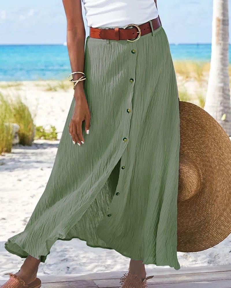 Linen Maxi Skirt with Button Front and Belted Waist