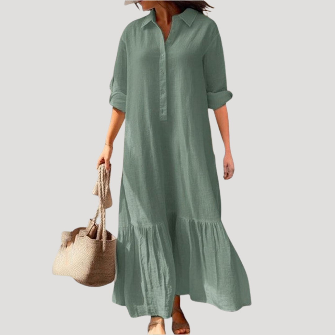 Cotton Shirt Dress with Tiered Hem and Button Front