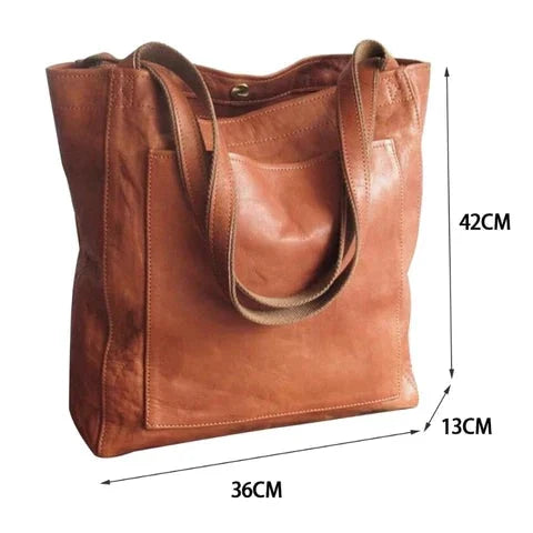 Leather Tote Bag with Front Pocket and Shoulder Straps