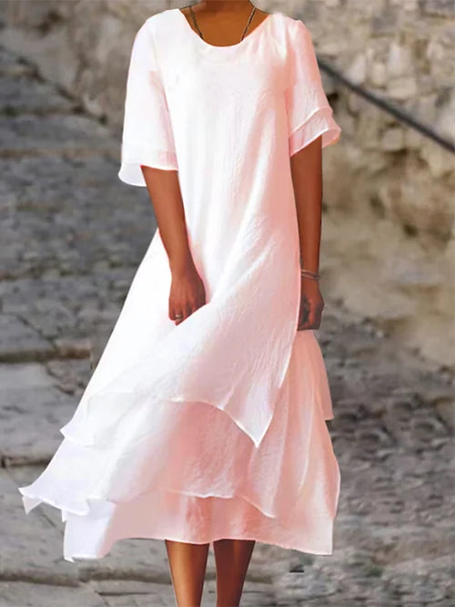 Loose Midi Dress with Tiered Ruffle Hem