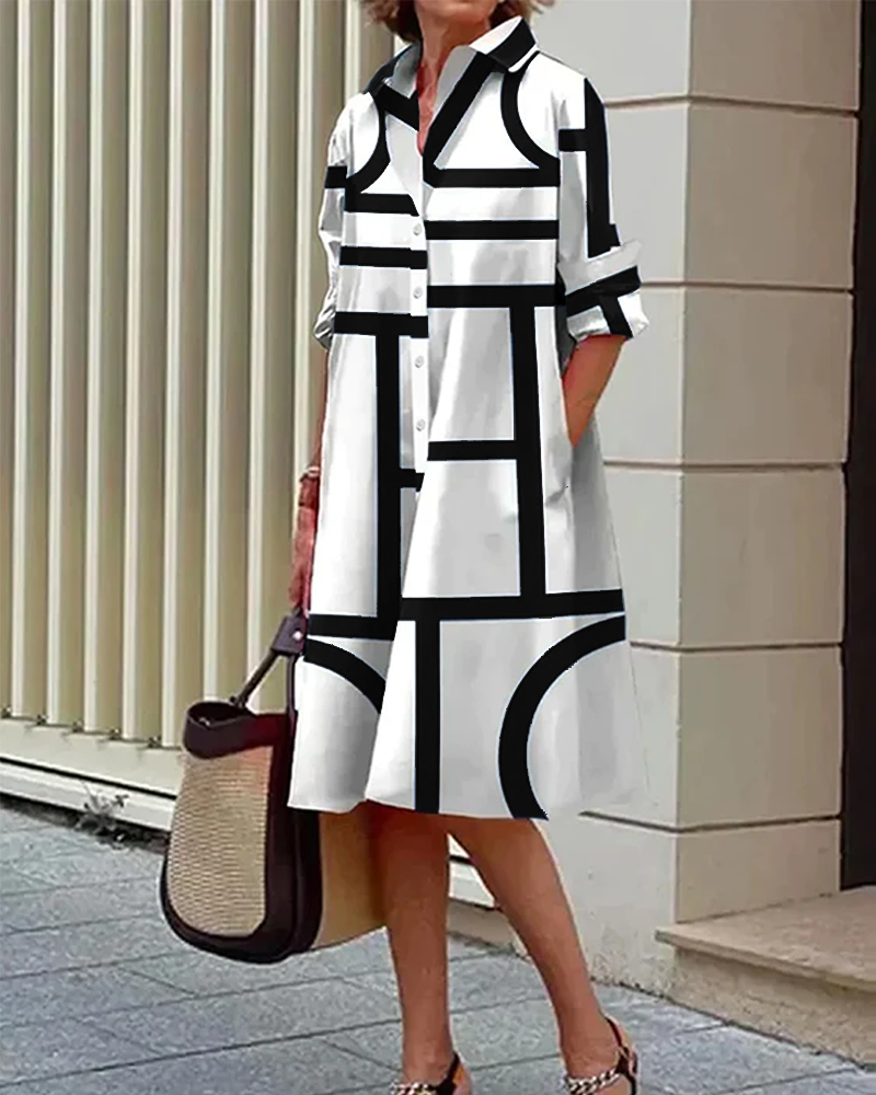 Geometric Print Shirt Dress with Button Front