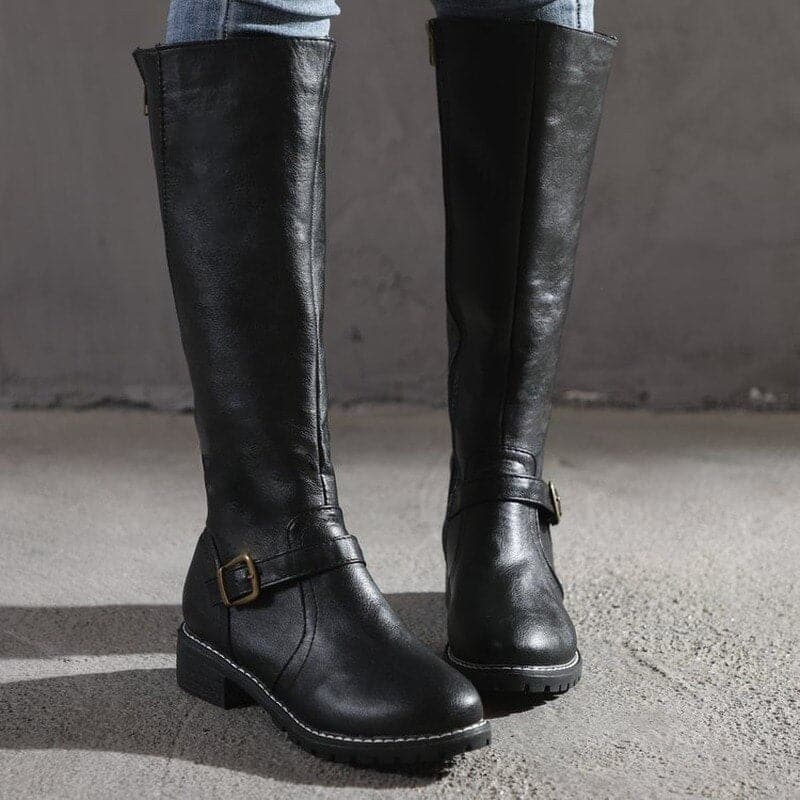 Women's Knee High Boots with Side Zip & Buckle Detail
