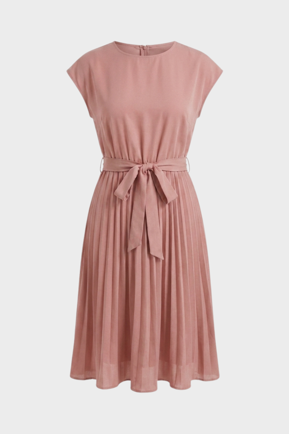 Pleated Midi Dress with Cap Sleeves and Tie Waist