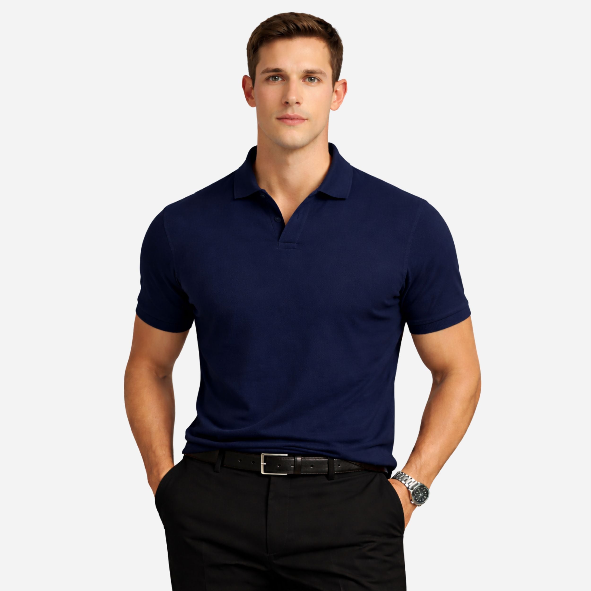 Cotton Polo Shirt with Ribbed Collar and Short Sleeves