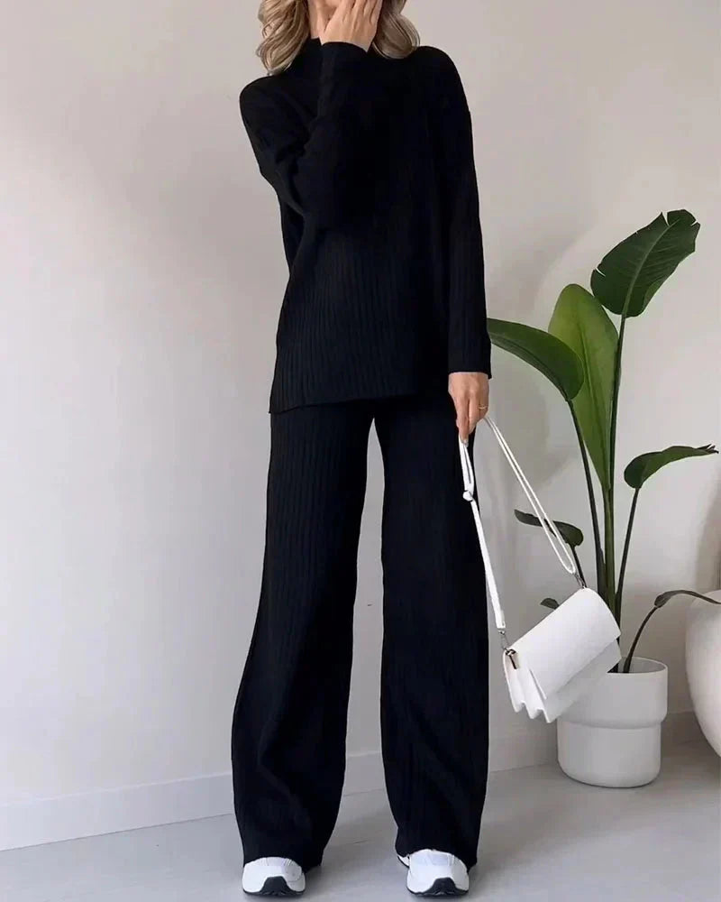 Women's Ribbed High-Neck Jumper and Wide-Leg Trousers Set