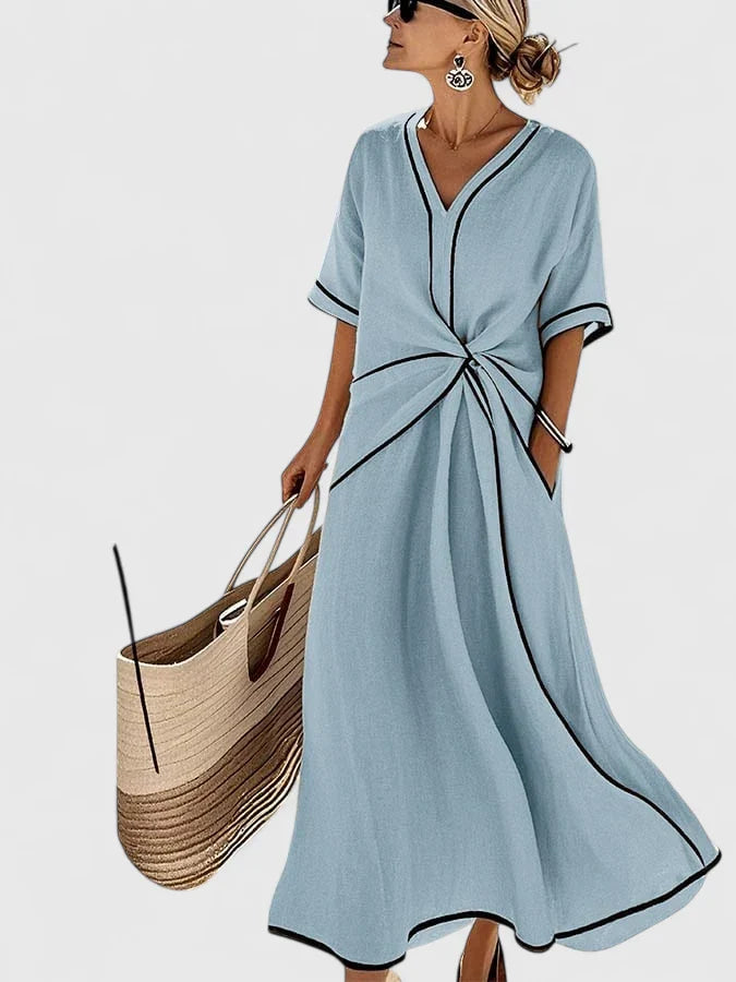 Twist-Front Maxi Dress with Contrast Piping