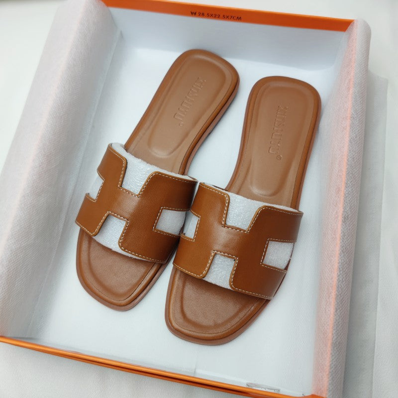 Leather Slide Sandals with Cutout Strap Design