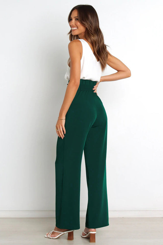 Pantalon large taille haute pour femme avec ceinture à nouer