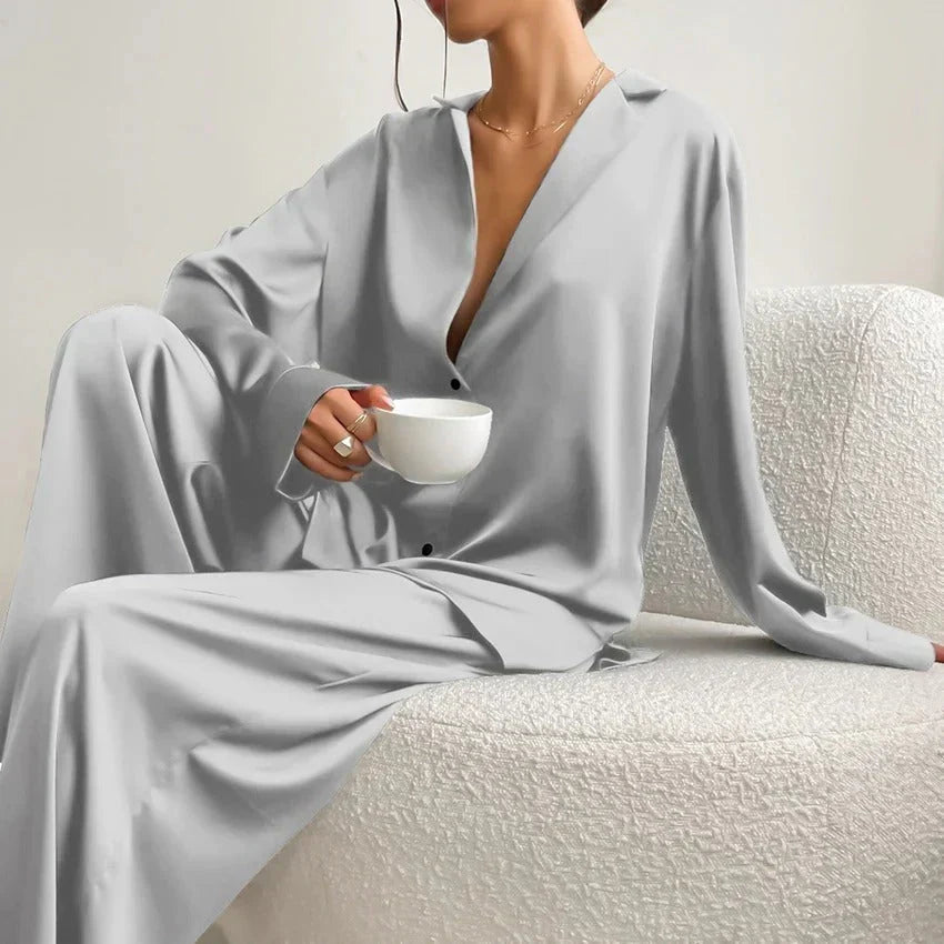 Ensemble pyjama en satin pour femme | Chemise boutonnée et pantalon large