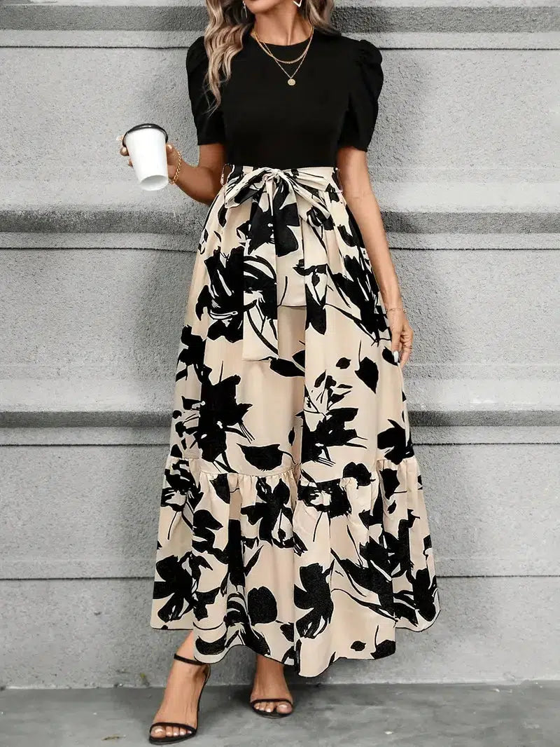 Printed Maxi Dress with Contrast Bodice and Tiered Hem