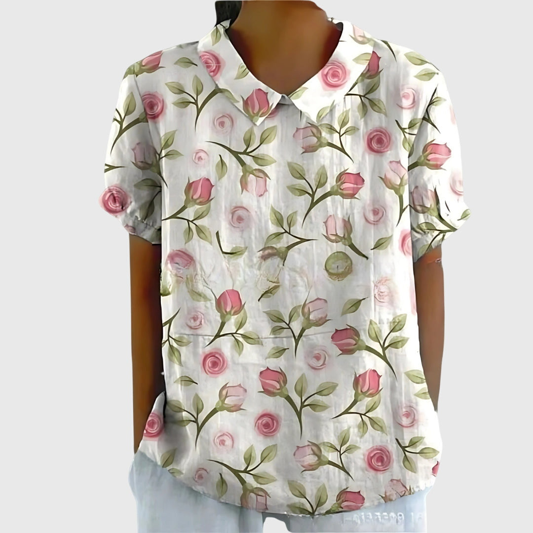 Floral Print Blouse with Collar and Short Sleeves