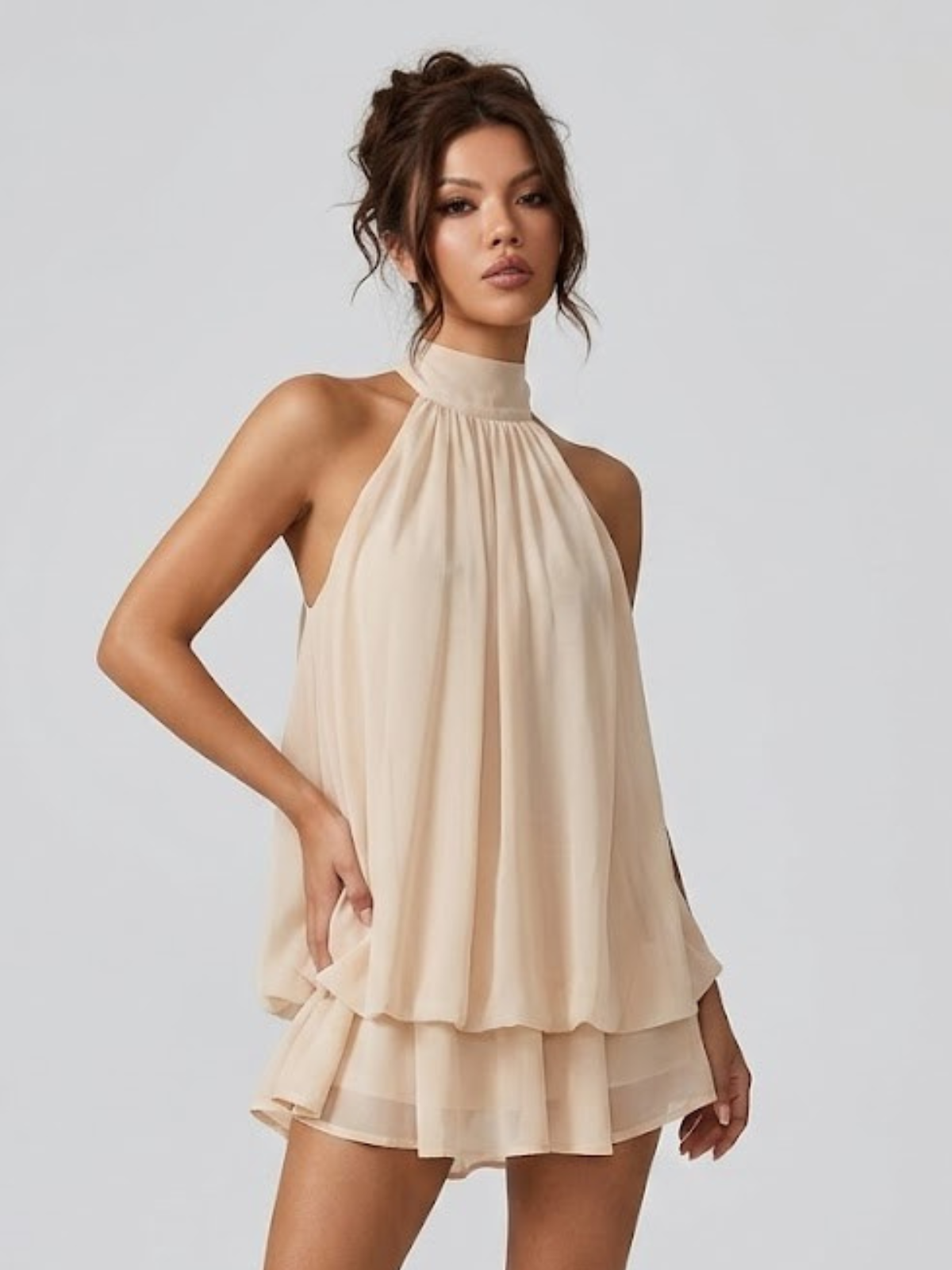 Halter Neck Chiffon Mini Dress with Tiered Hem