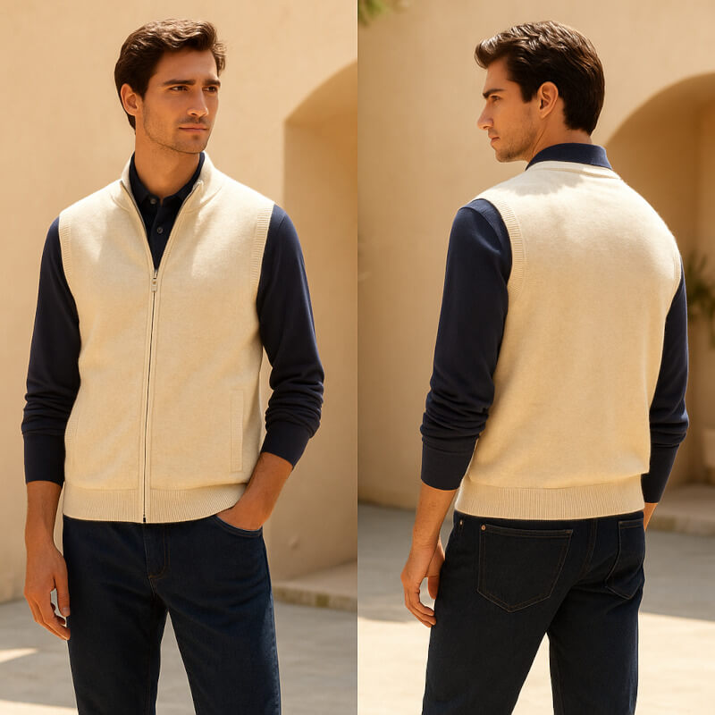Men's Full-Zip Knitted Gilet with Stand Collar