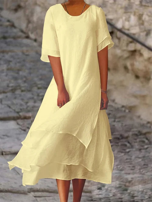 Loose Midi Dress with Tiered Ruffle Hem