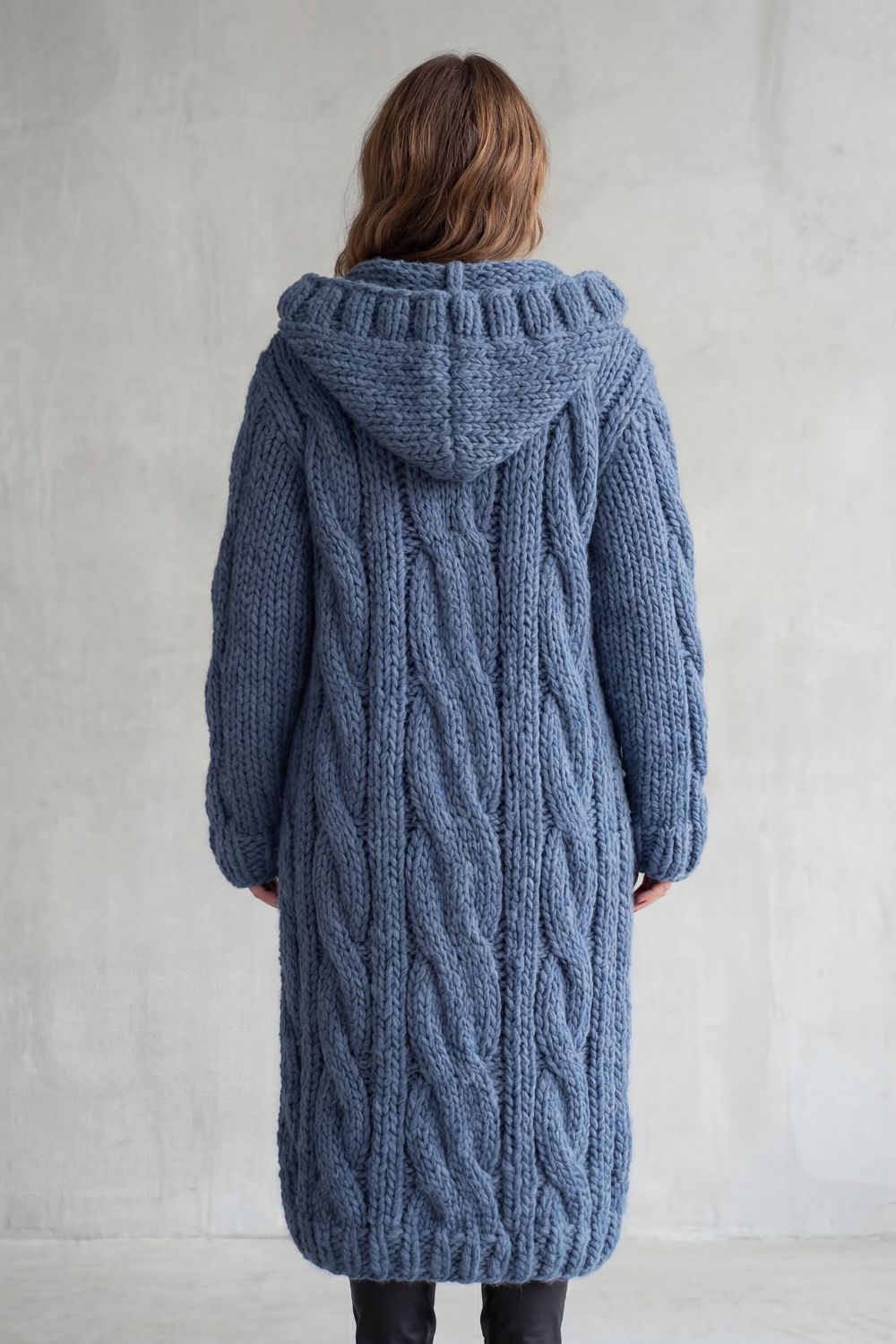 Gilet à capuche long pour femme, en maille épaisse