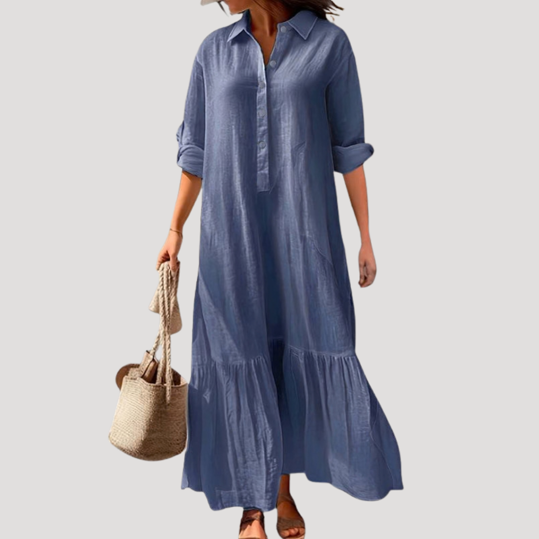 Cotton Shirt Dress with Tiered Hem and Button Front