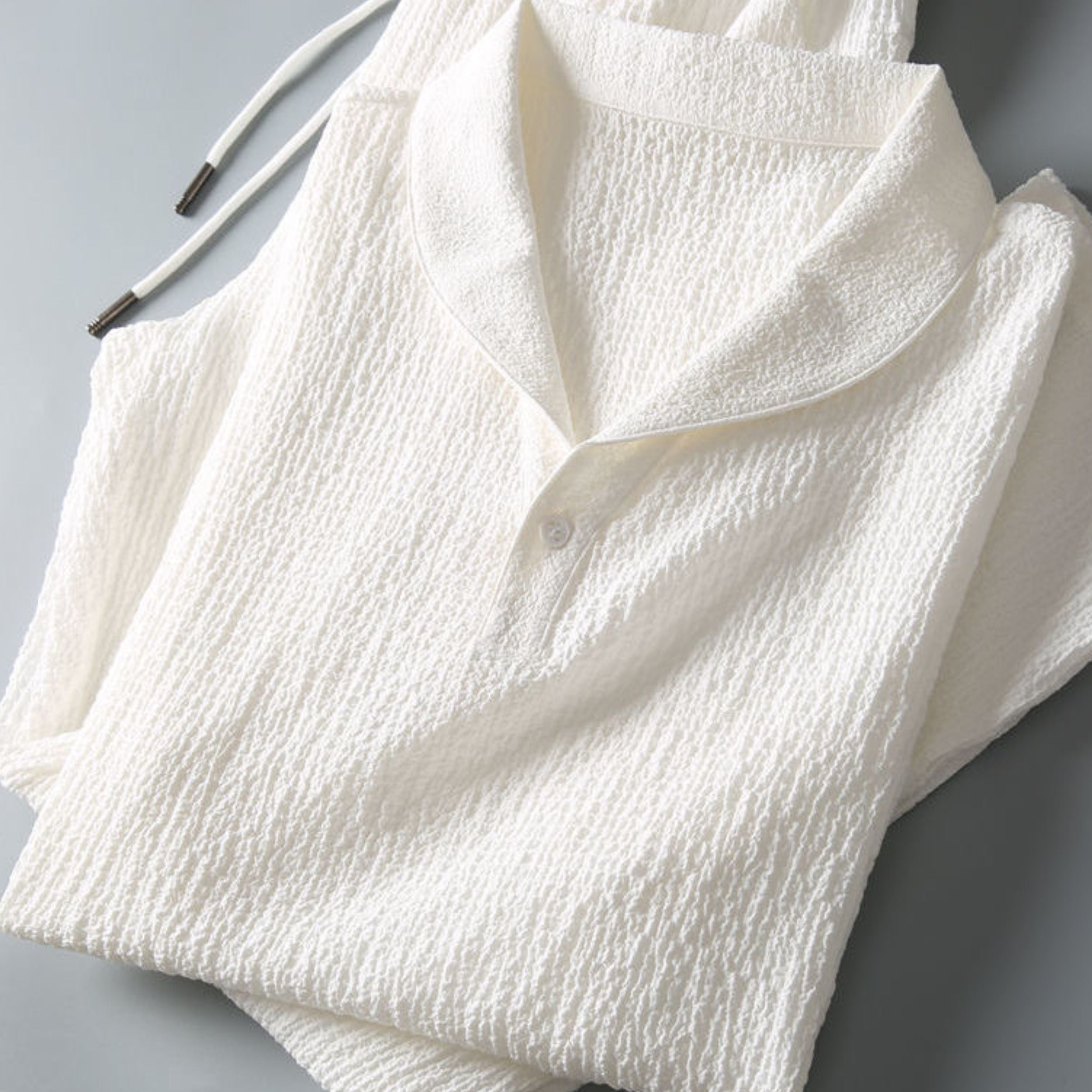 Textured Lounge Set with Camp Collar and Drawstring Waist