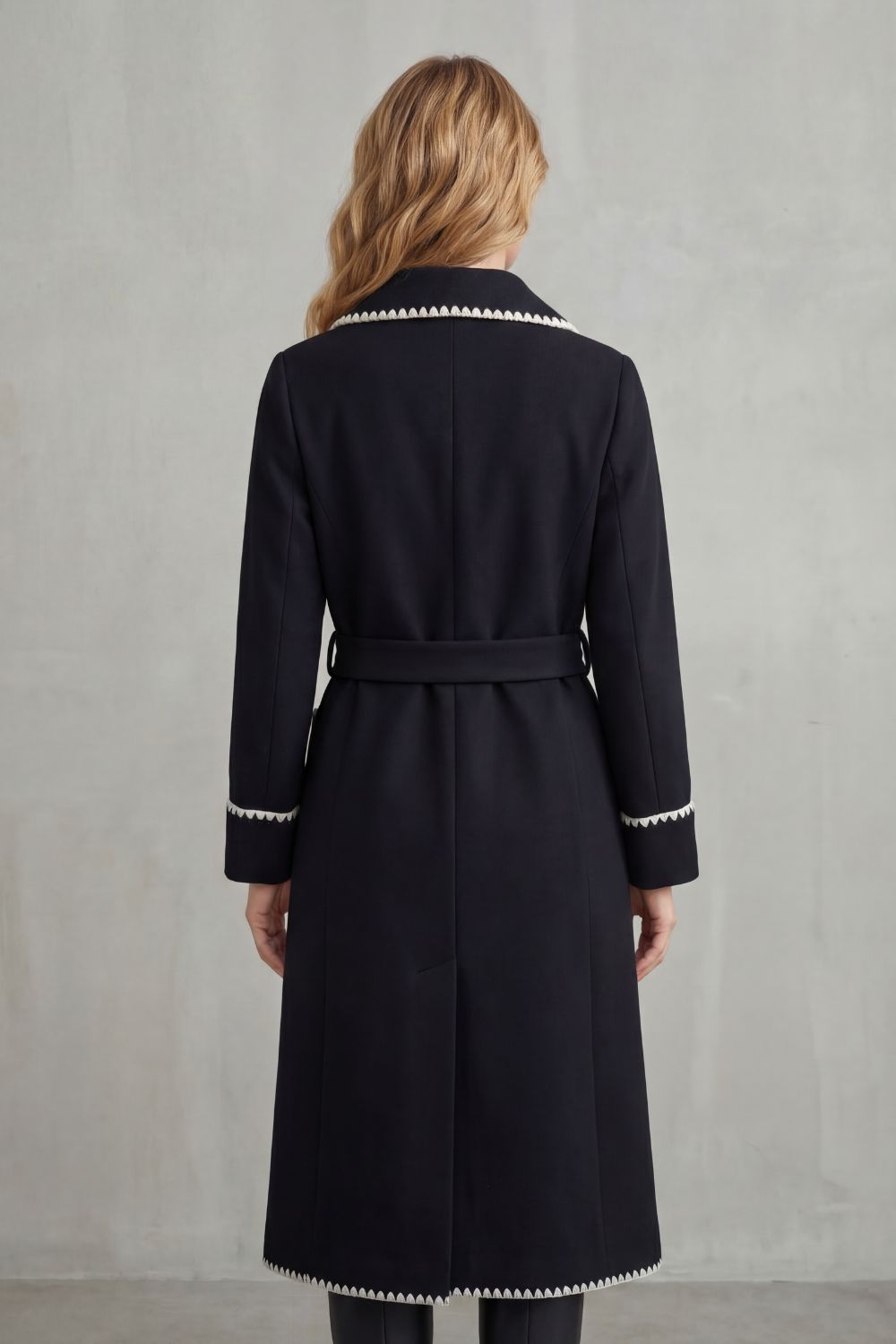 Women’s Belted Longline Coat with Contrast Stitch Trim