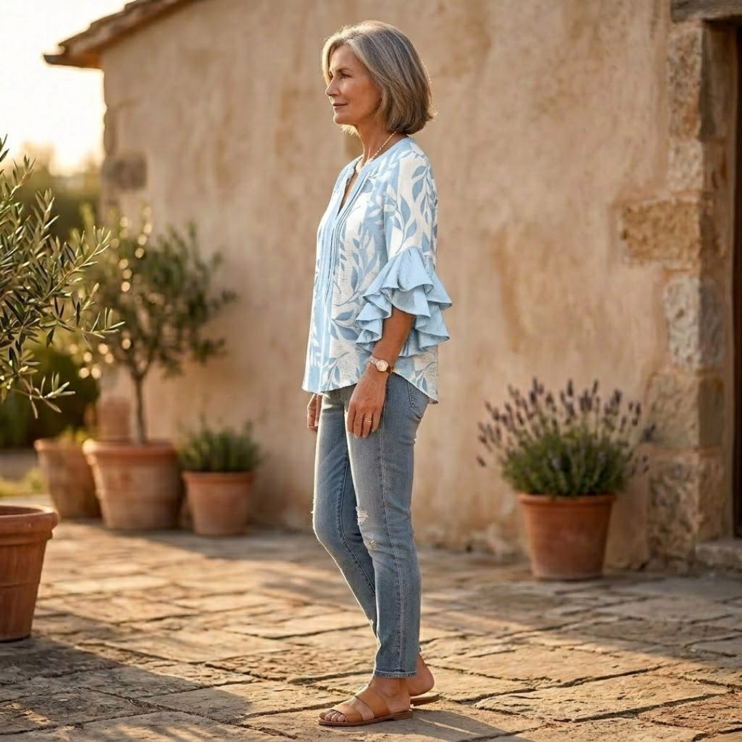 Ruffle-Sleeve Blouse with V-Neck Design