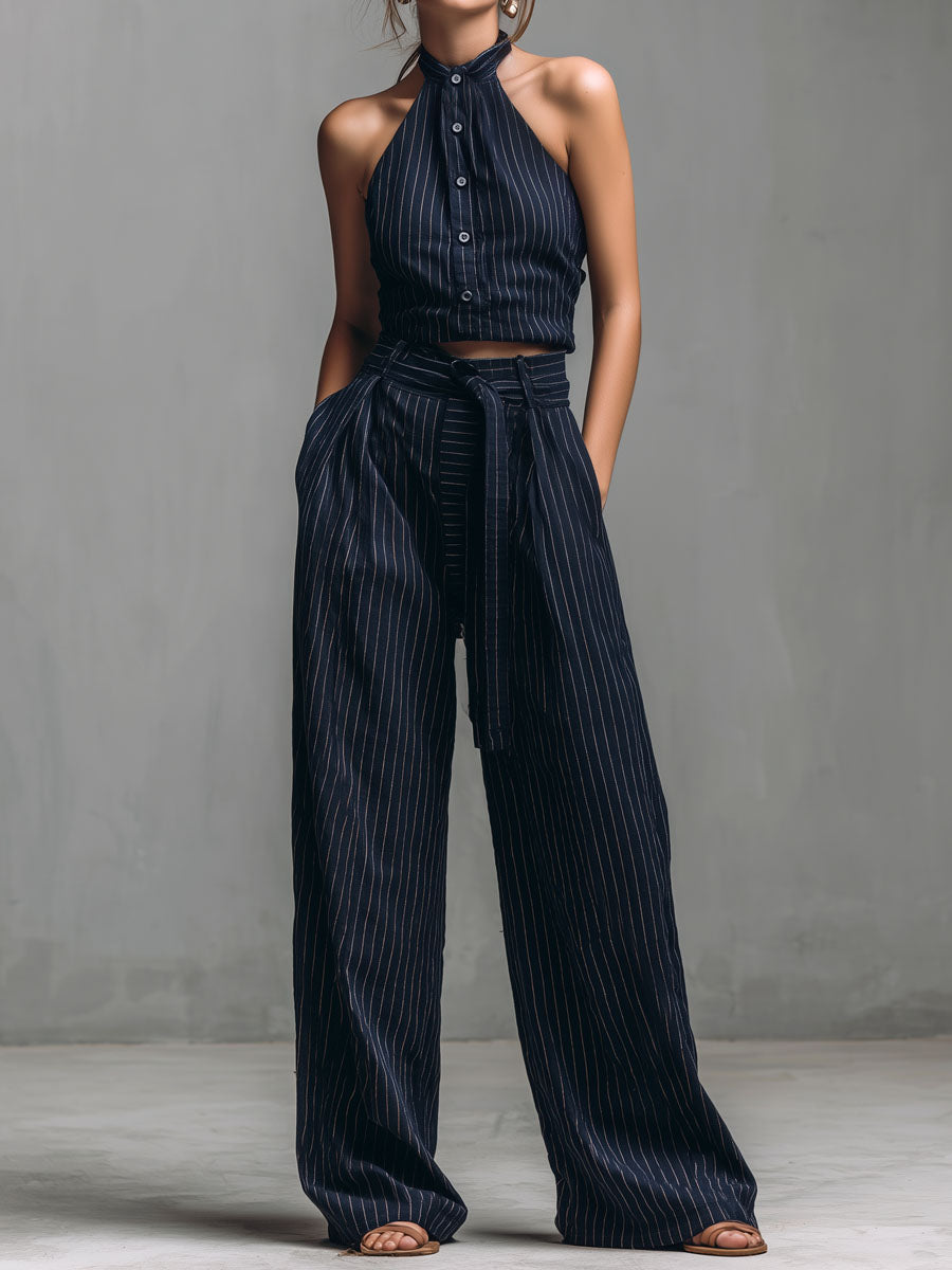 Women's Pinstripe Halterneck Top and Wide Leg Trousers Set