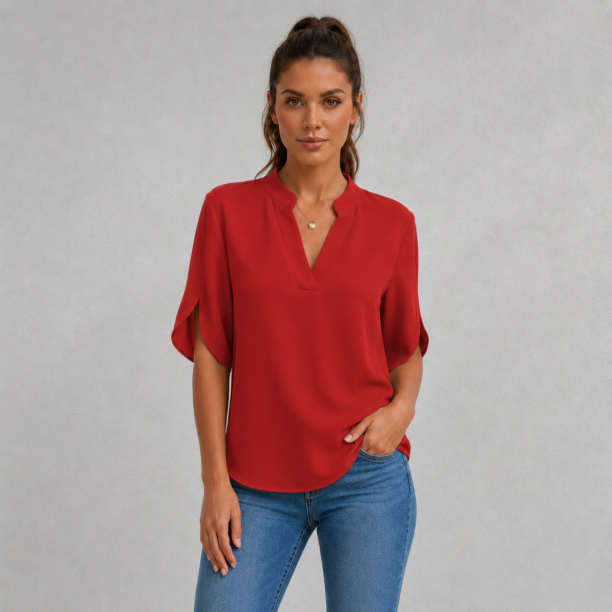 Chiffon Blouse with V-Neck and Split Sleeve Detail