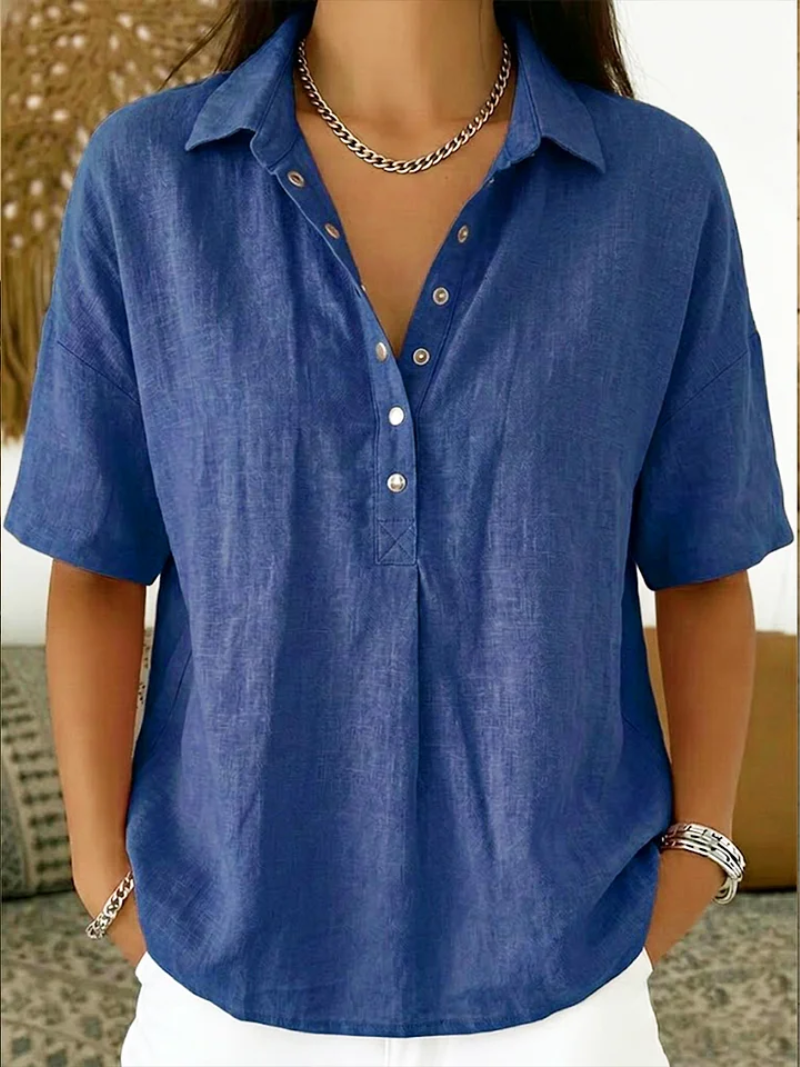 Women's Relaxed Button Neck Short Sleeve Blouse