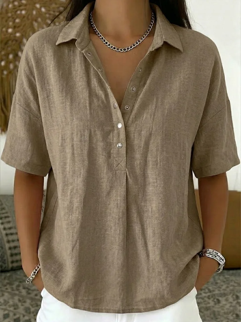 Women's Relaxed Button Neck Short Sleeve Blouse