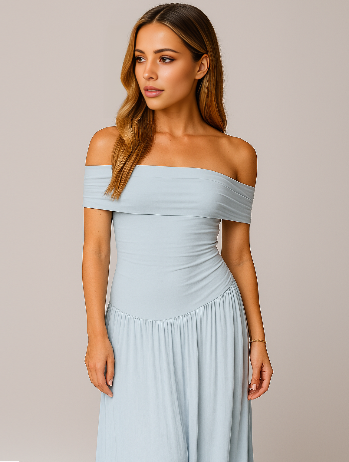 Women's Off-Shoulder Pleated Maxi Dress | Ruched Bodice